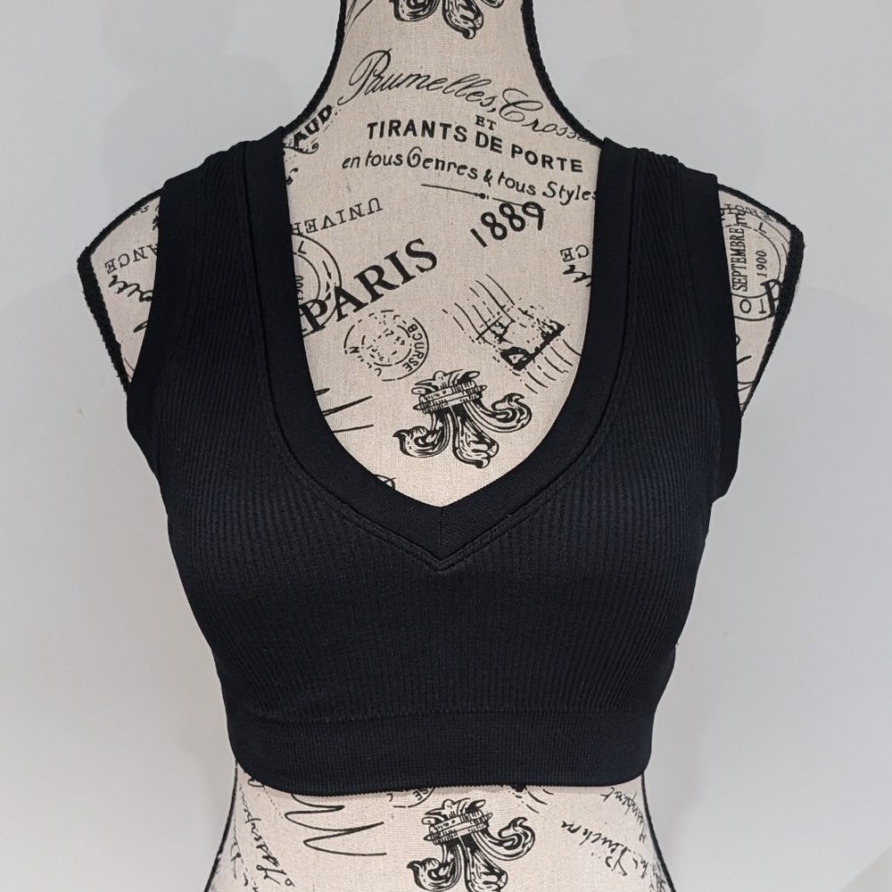 AERIE | OFFLINE Women's Black Ribbed V-Neck Corset Bra Top NWOT